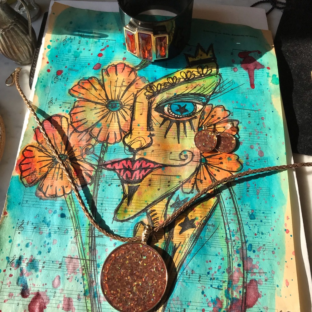 Metallic copper trio necklace + earrings + cuff